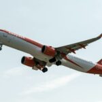 An EasyJet airplane takes off from Prague airport on a clear day, showcasing modern aviation and travel.